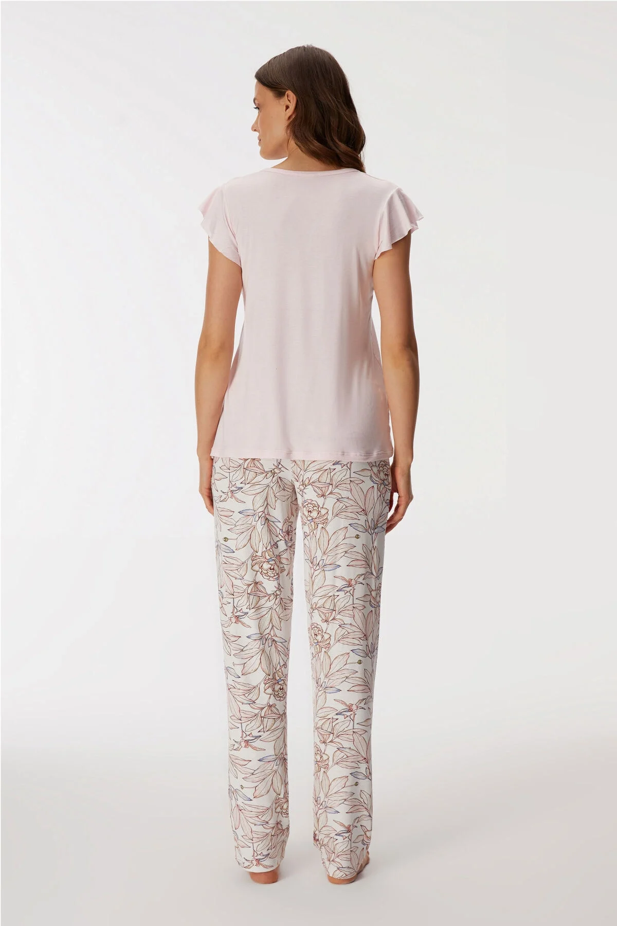 Anıl 11370 Kadın Pijama Takımı, pembe yaka ve çiçek desenli pantolon, rahat uyku giyimi, kadın pijama takımı