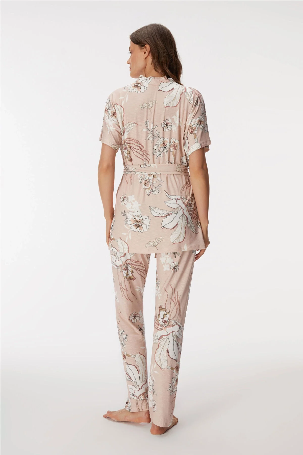 Anıl marka 11398 kadın sabahlık takım, pembe floral desenli bralet ve pantolon, uzun kollu şalvar ceketle birlikte