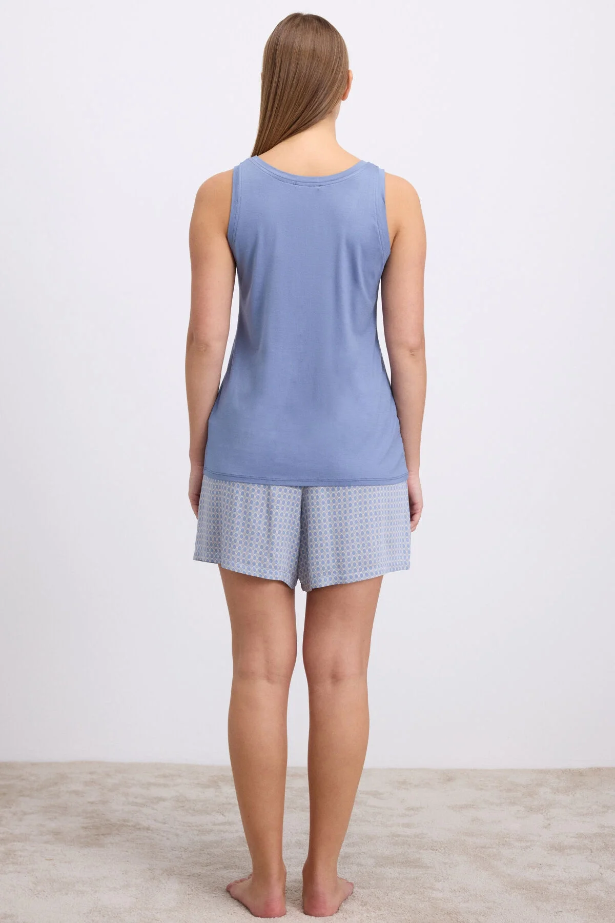 Anıl marka 11610 kadın atlet ve şort takım, mavi tank top ve desenli kısa şort, pijama takımı ön görünüm
