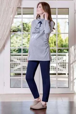 Süprem Likralı Kadın Pijama Takımı, gri renk, uzun kollu üst ve pantolon, Yeni İnci markası, gecelik giyim, model ön görünüm