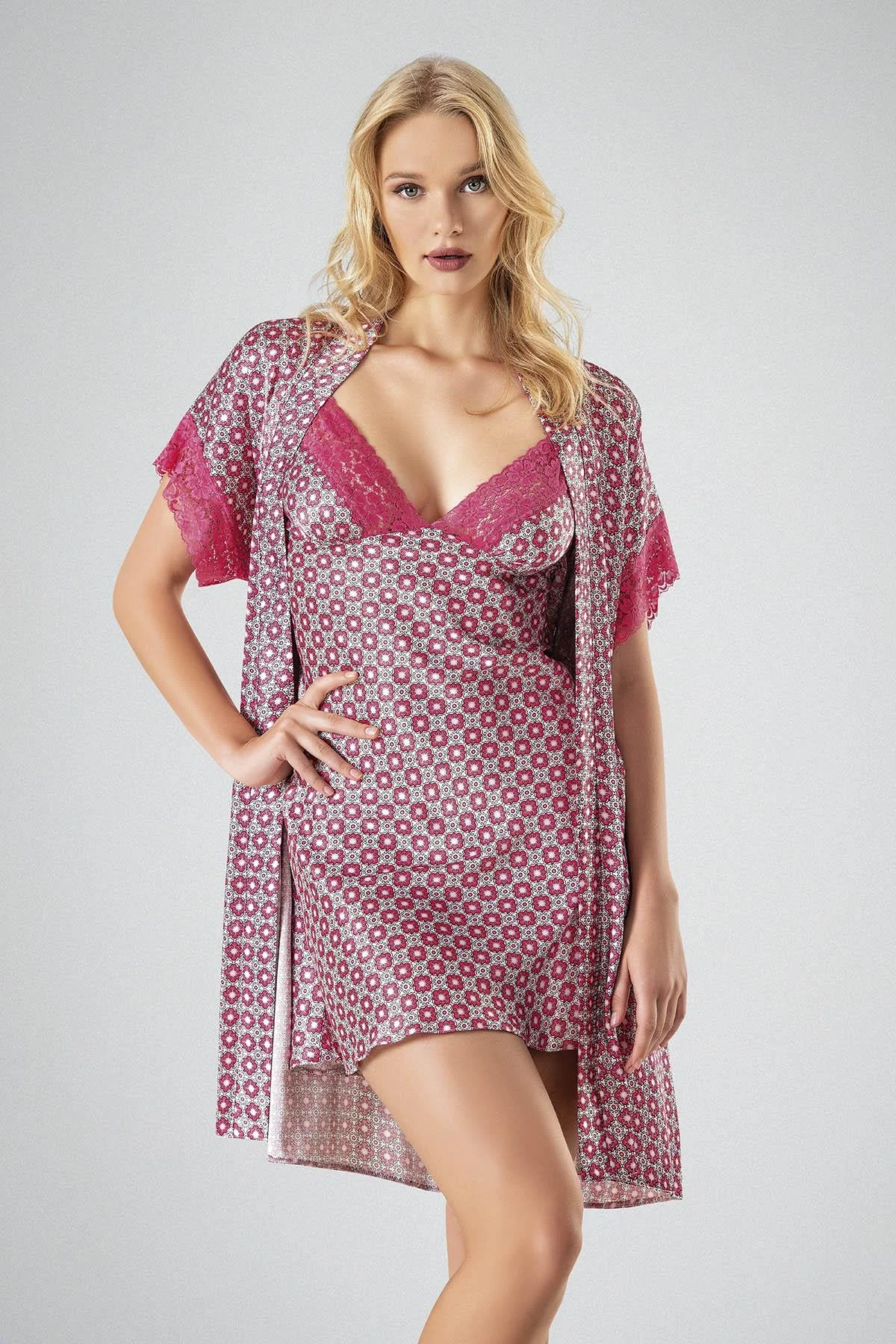 Ahu Ahu 2'li Sabahlık Pembe 7712 Sabahlık Toptan