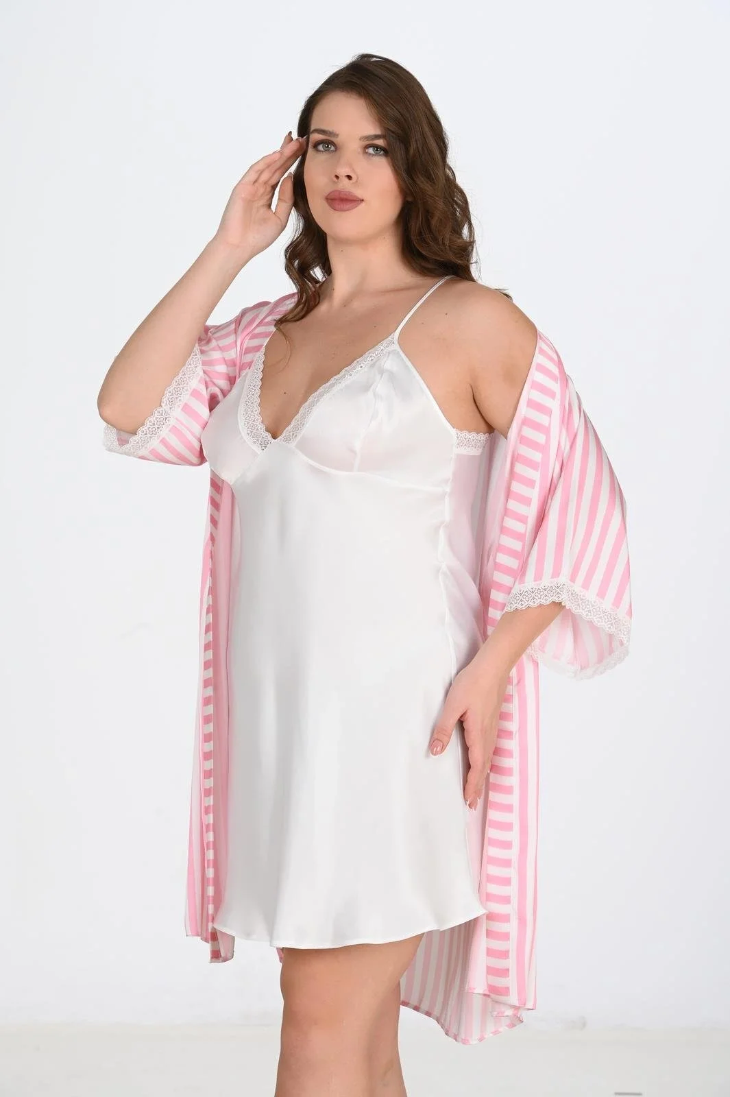 Ahu Ahu 2li Beyaz-Pembe Sabahlık Takımı Bigsize 6210 Gecelik Toptan