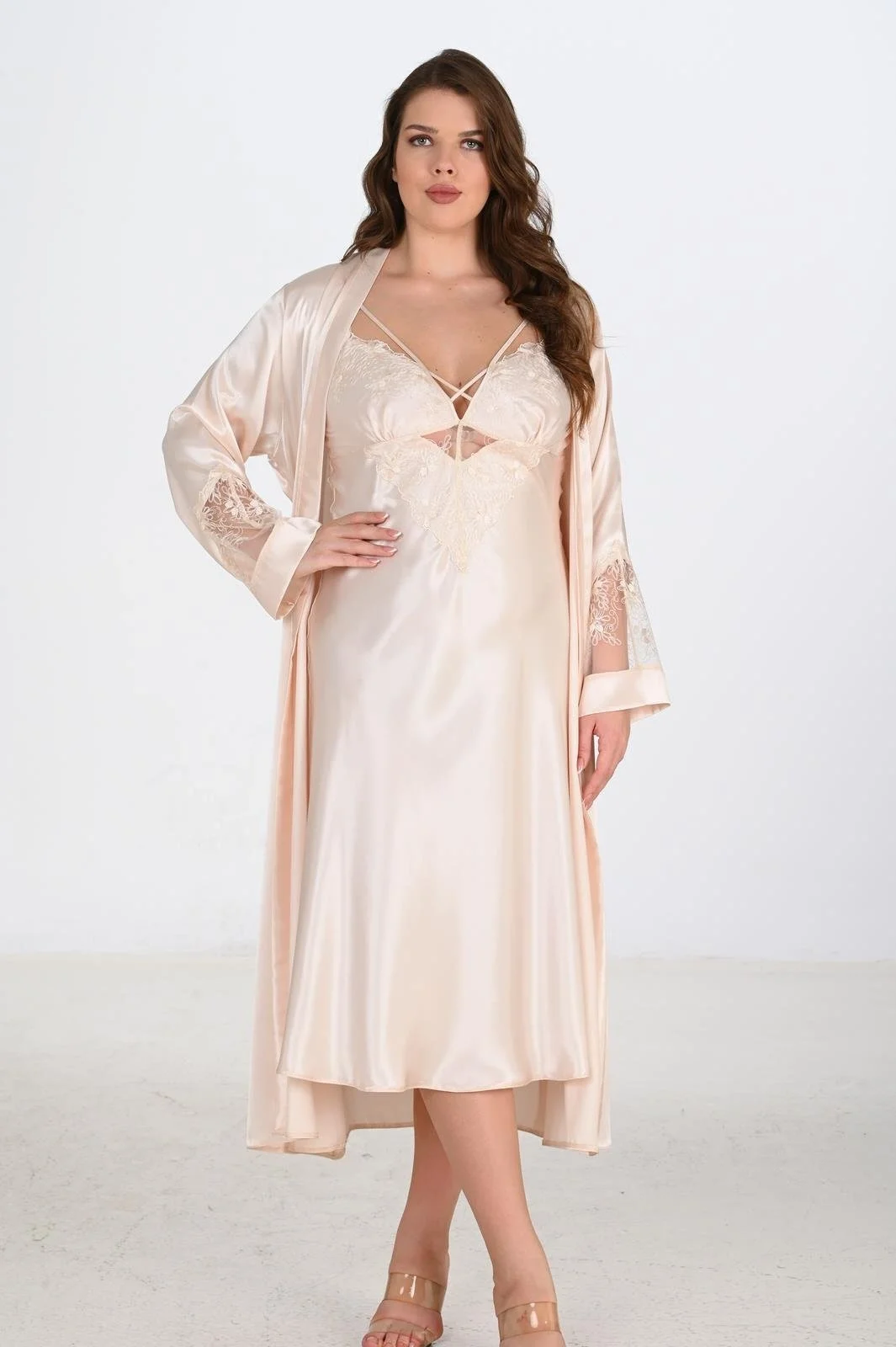 Ahu Ahu 2li Fildişi Sabahlık Takımı Bigsize 6222 Sabahlık Toptan