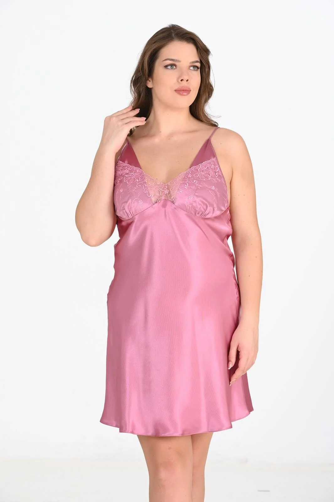 Ahu 2li Gülkurusu Sabahlık Takımı Bigsize 6204, pembe saten ve dantel detaylı, kadın büyük beden sabahlık seti
