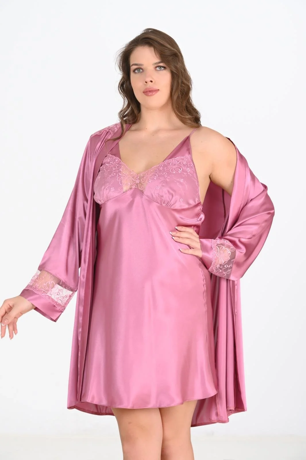 Ahu Ahu 2li Gülkurusu Sabahlık Takımı Bigsize 6204 Sabahlık Toptan