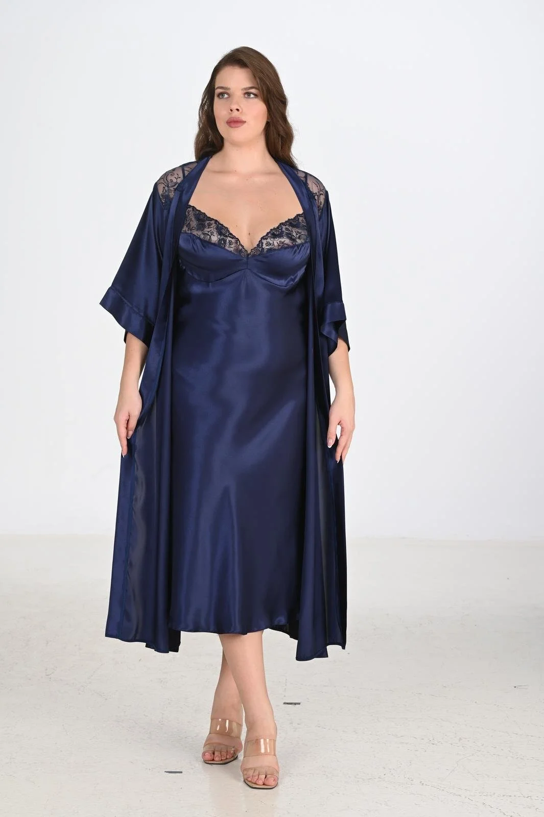 Ahu Ahu 2li Lacivert Sabahlık Takımı Bigsize 6228 Sabahlık Toptan