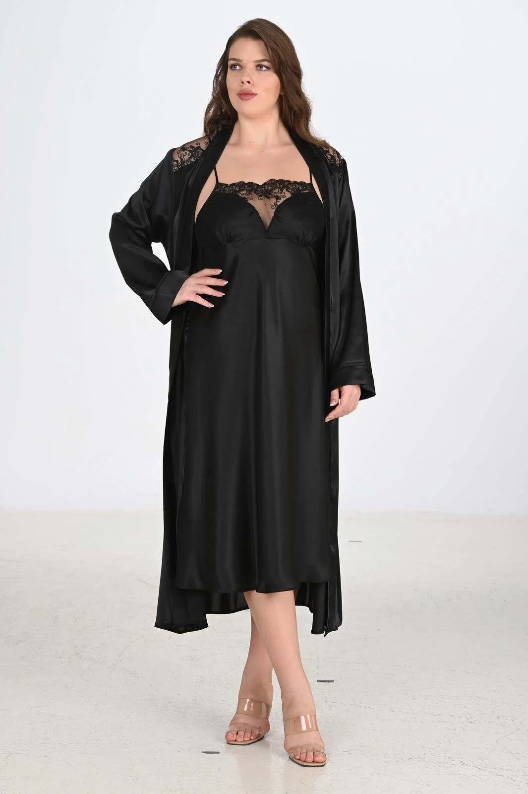 Ahu Ahu 2li Siyah Sabahlık Takımı Bigsize 6221 Sabahlık Toptan