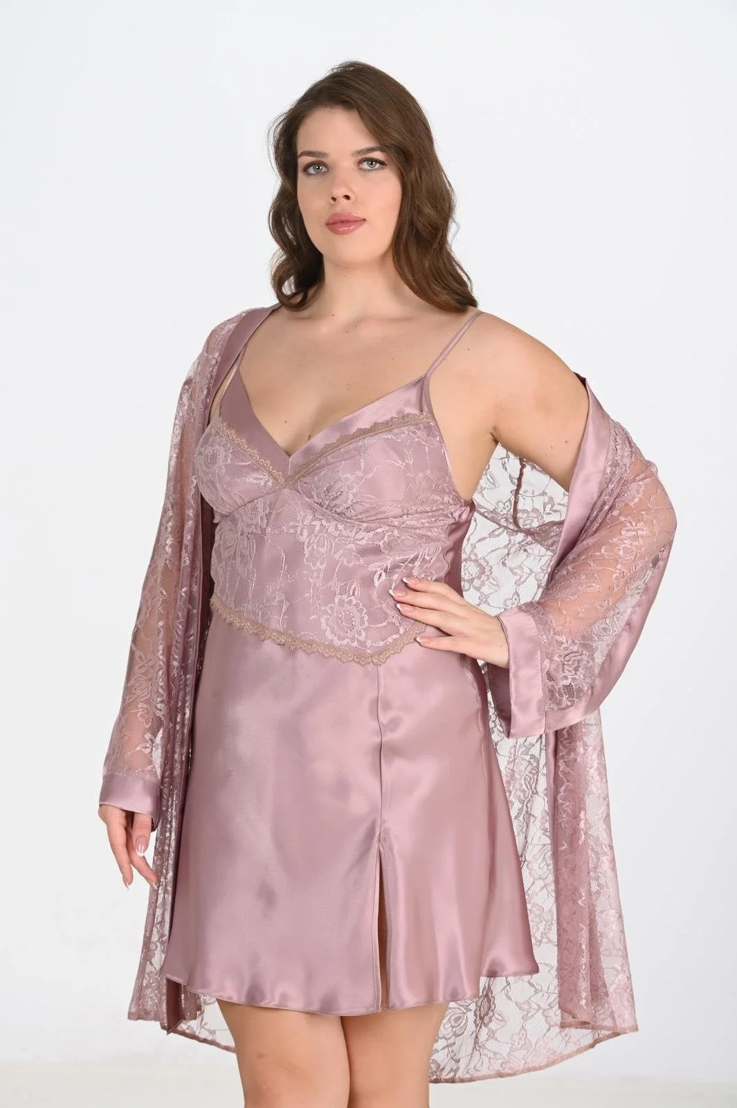 Ahu Ahu 2li Vizon Sabahlık Takımı Bigsize 6205 Sabahlık Toptan