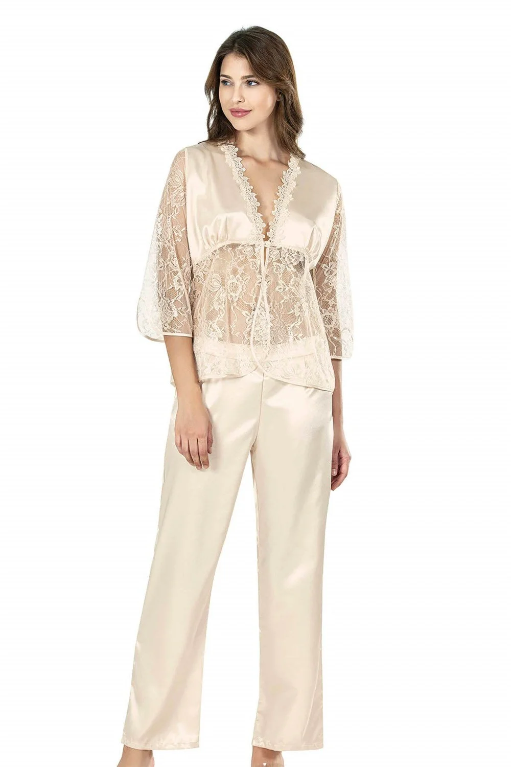 Ahu Ahu Fildişi İkili Saten Gecelik Pijama Takımı 7649 Pijama Takımları Toptan