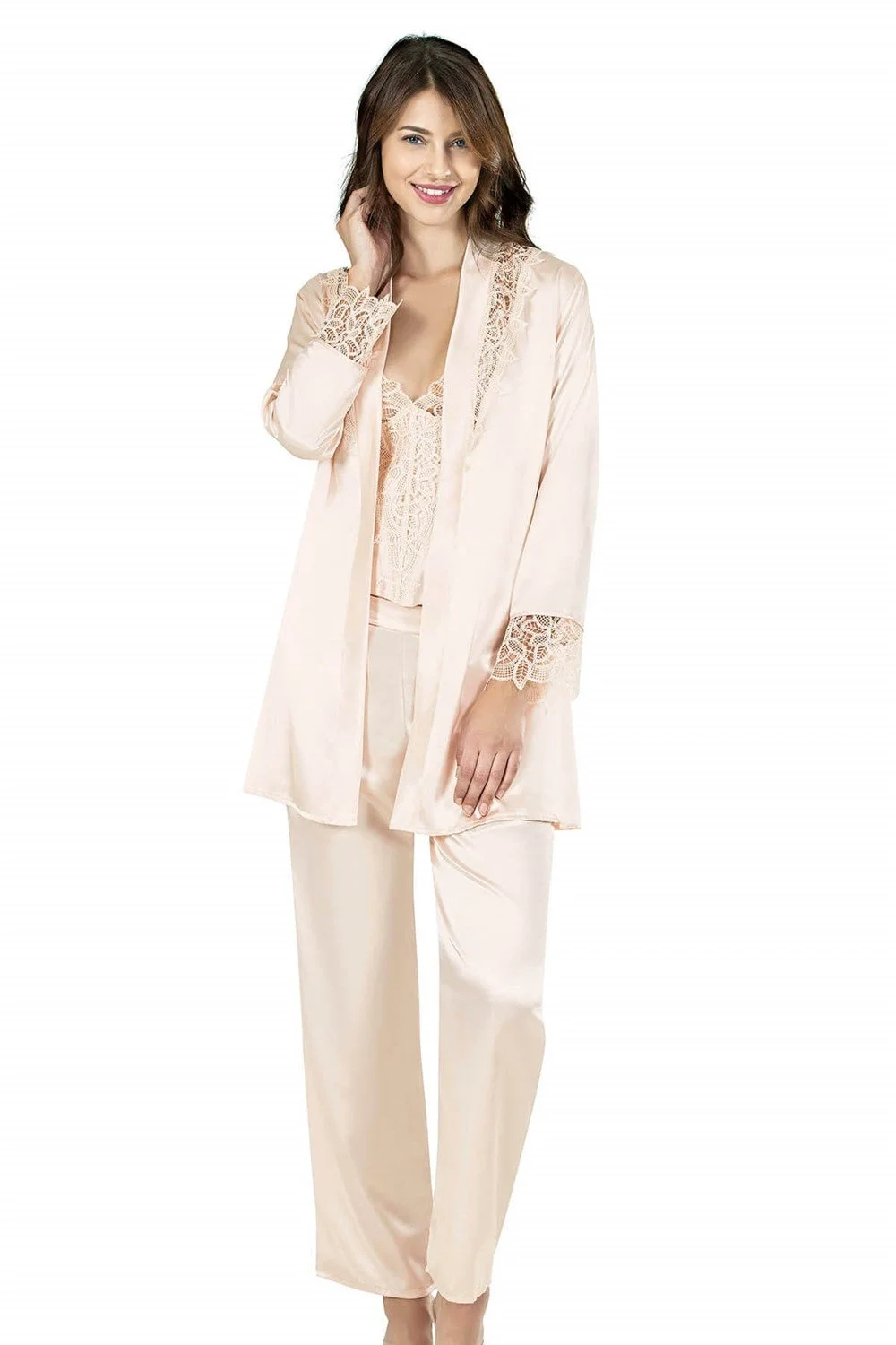 Ahu Ahu Fildişi Üçlü Saten Gecelik Pijama Takımı 7640 Pijama Takımları Toptan