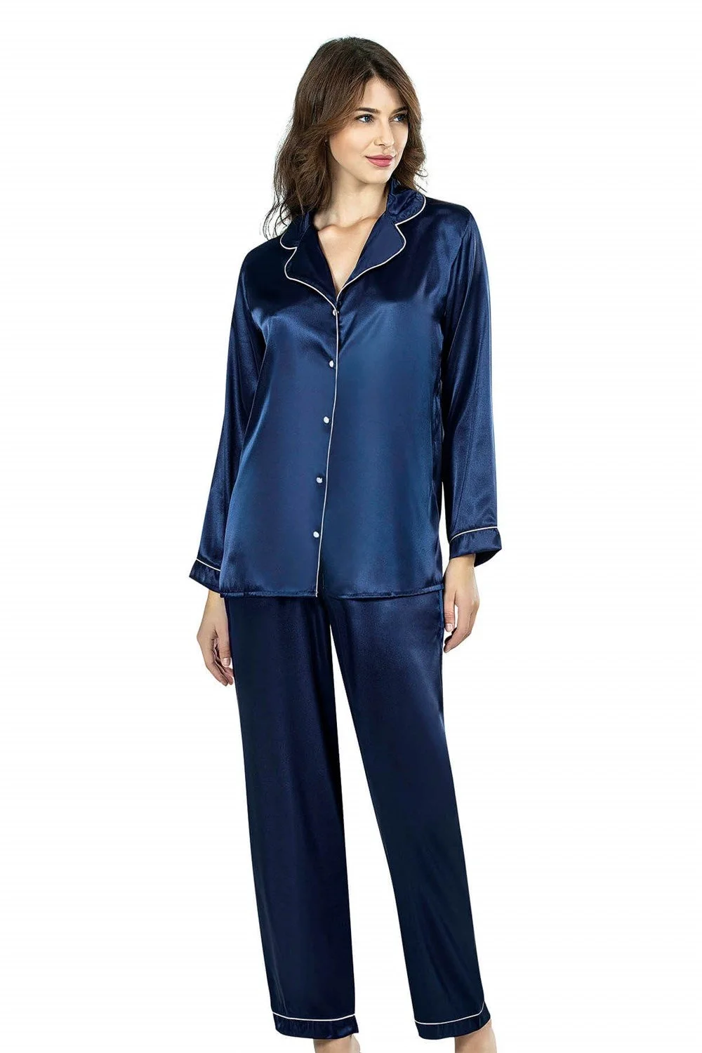 Ahu Ahu Lacivert İkili Saten Gecelik Pijama Takımı 7647 Pijama Takımları Toptan