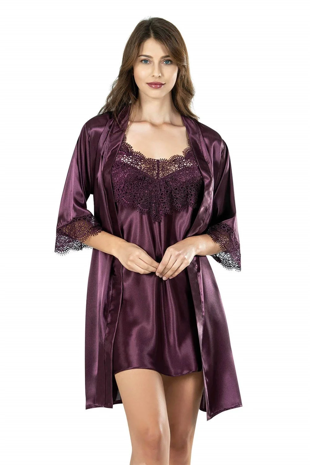 Ahu Ahu Mürdüm Kısa İkili Saten Sabahlık Gecelik Takımı 7607 Gecelik Toptan