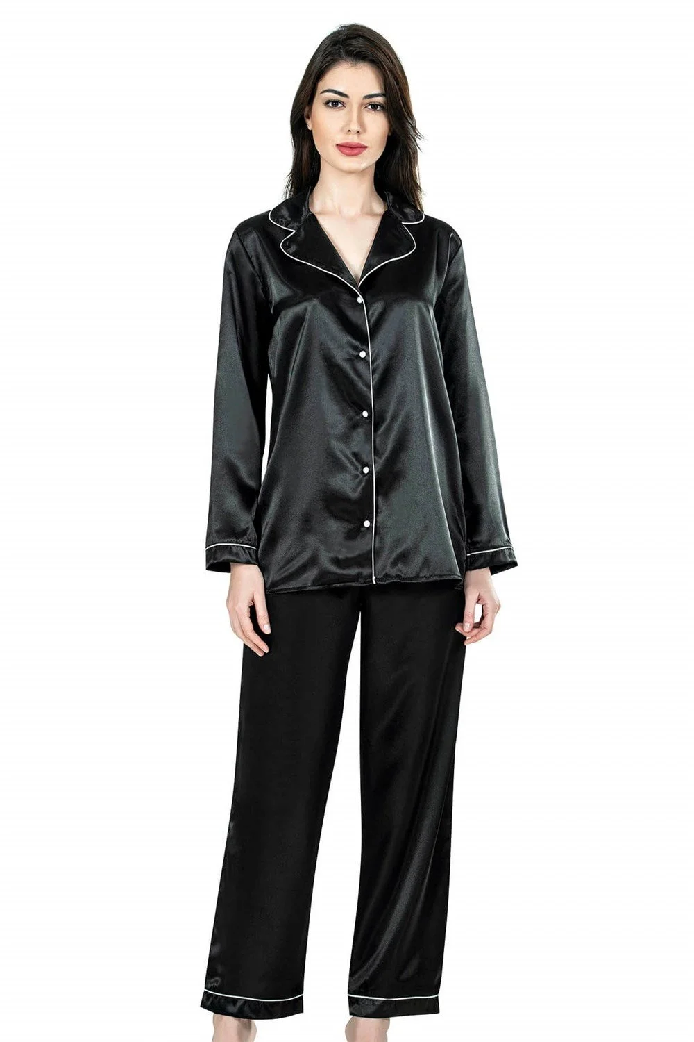 Ahu Ahu Siyah İkili Saten Gecelik Pijama Takımı 7647 Pijama Takımları Toptan