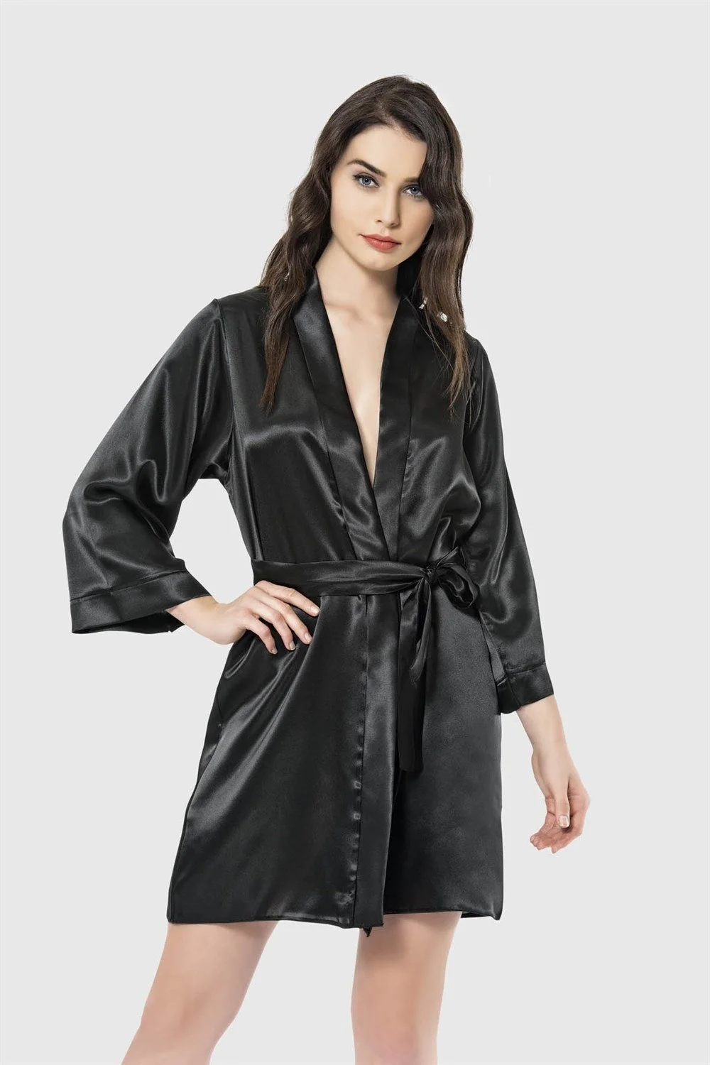 Ahu Ahu Siyah Kısa Saten Sabahlık Sabahlık Toptan