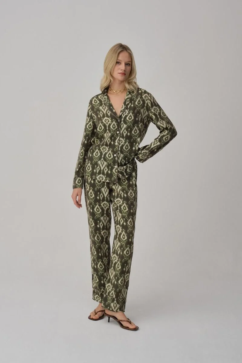 AMY - Biyeli Baskılı Kadın Pijama Takımı - Green