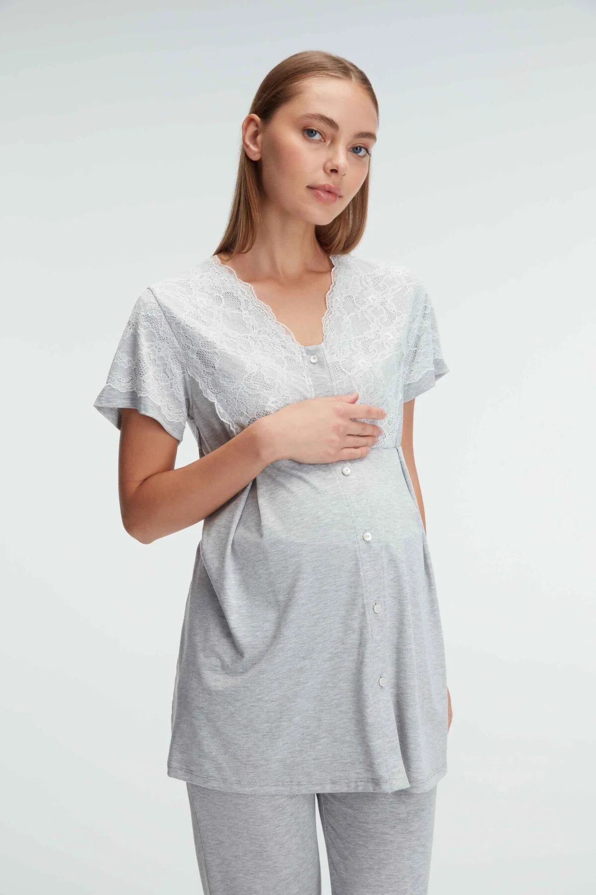 Anıl 11308 gri dantel detaylı kısa kollu hamile pijama takımı, polyester elastan, yazlık gecelik