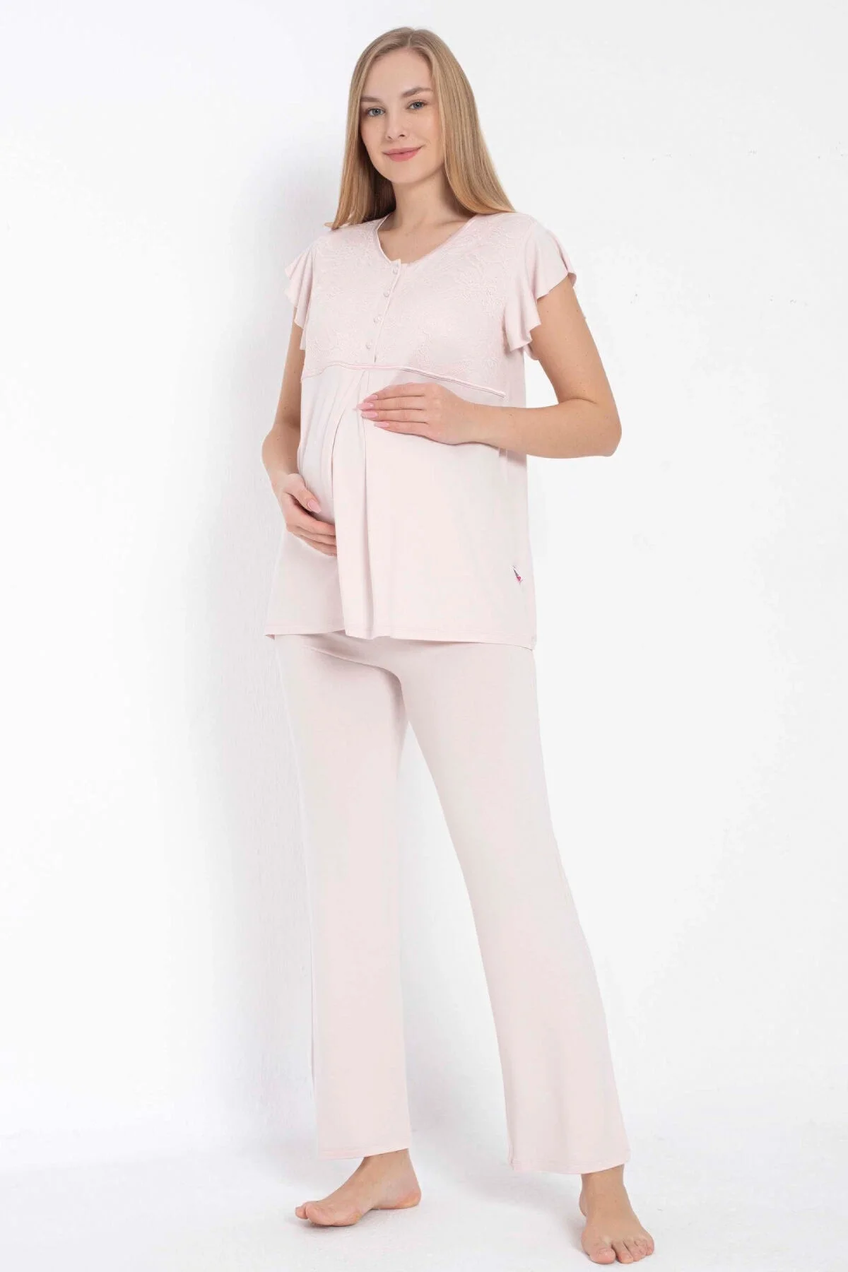 Anıl 11314 pembe dantel detaylı hamile pijama takımı, kısa kol bisiklet yaka, rahat gecelik ve sabahlık seti
