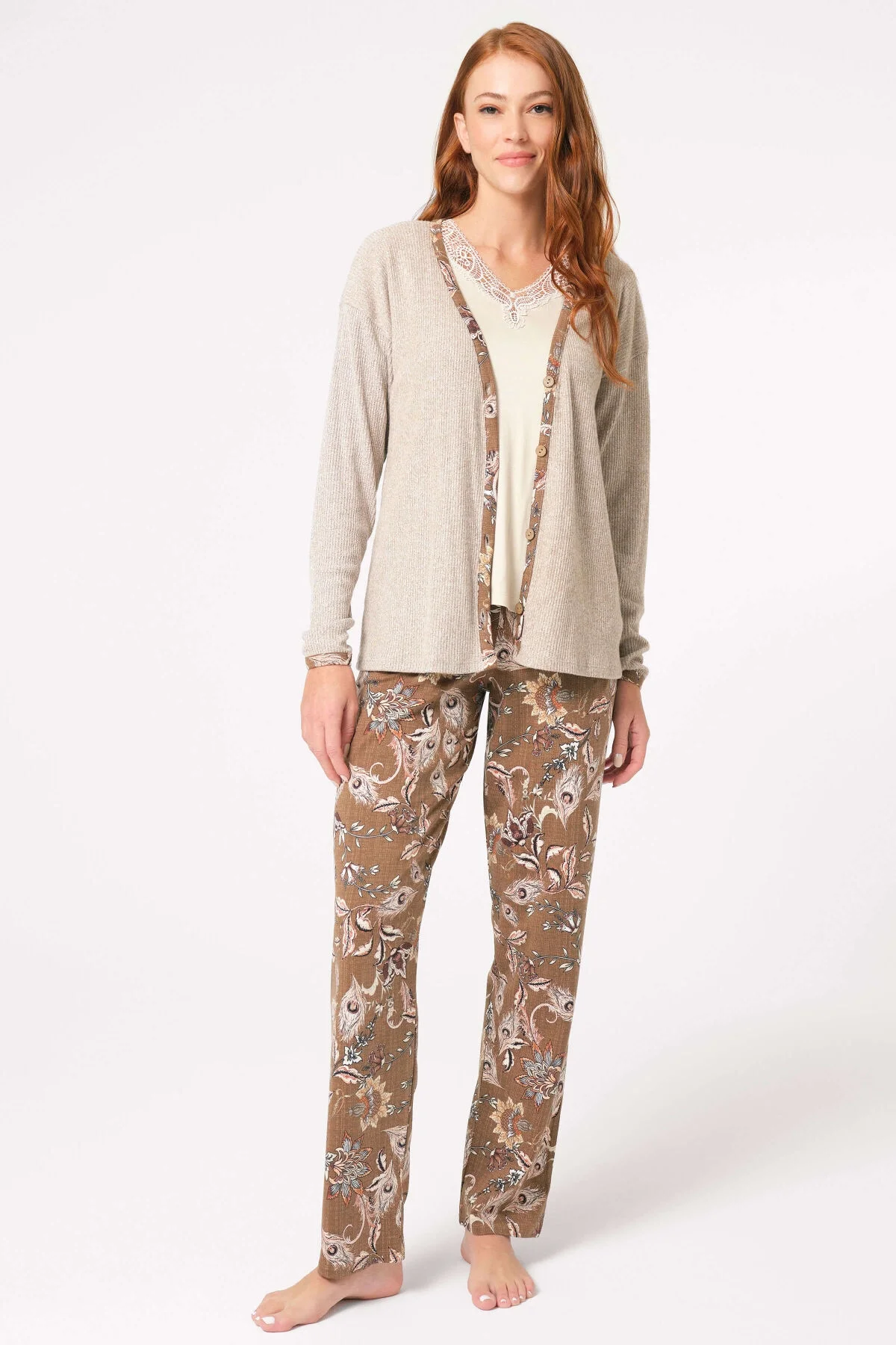 Anıl Anıl 5798 Kalın Askılı V Yaka Viskon Çiçek Desenli Kışlık Örme Normal Bel Düğmeli Dantel Detaylı Pijama Takımı Sabahlık Pijama Takımları Toptan