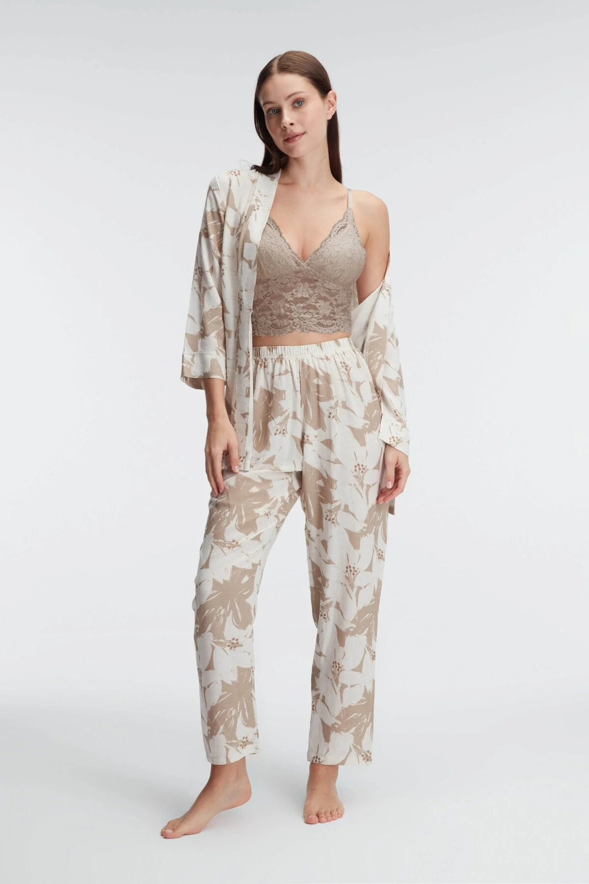 Anıl Anıl 5830 İp Askılı V Yaka KADIN Çiçek Desenli Yazlık Dokuma Dantel Detaylı Pijama Takımı Sabahlık Gecelik & Sabahlık Toptan