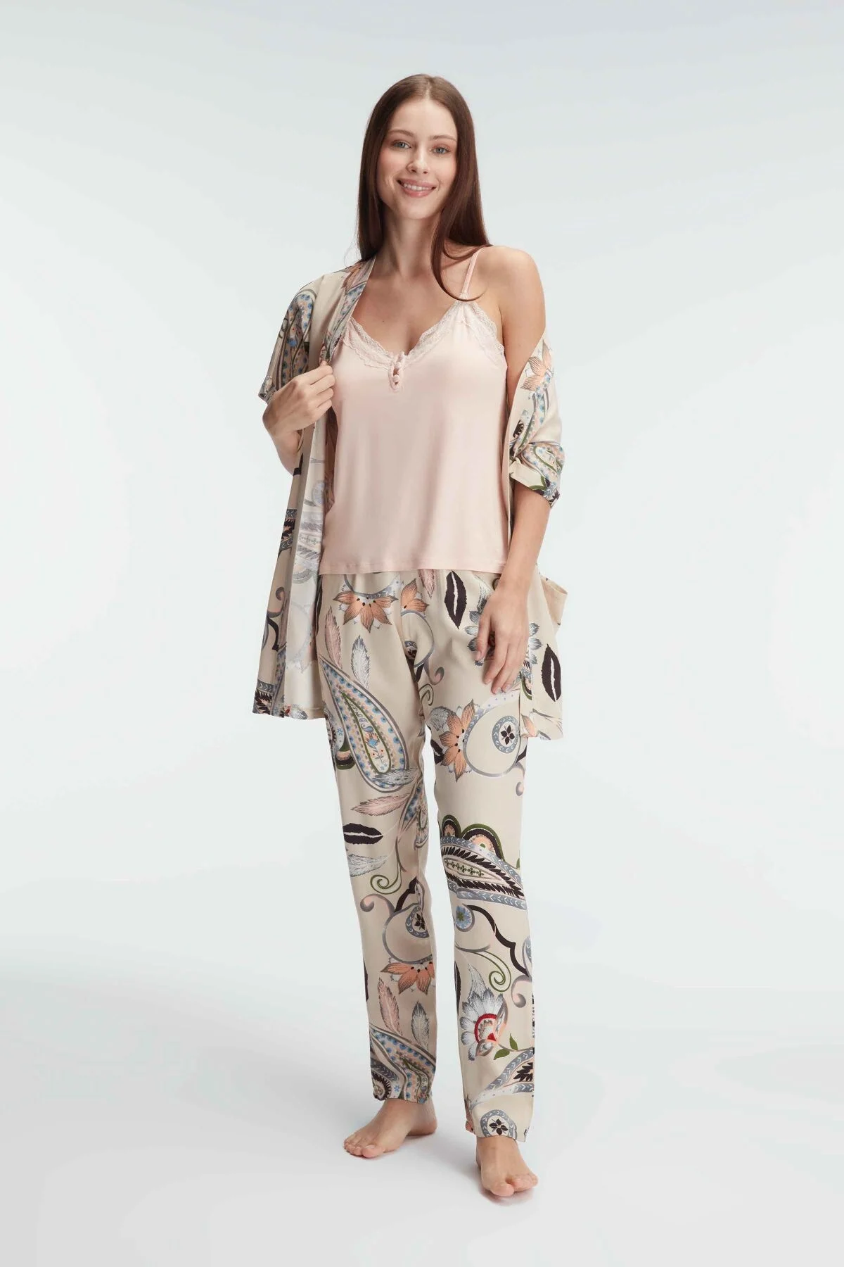 Anıl Anıl 5840 İp Askılı V Yaka KADIN Viskon Çiçek Desenli Yazlık Dantel Detaylı Pijama Takımı Sabahlık Pijama Takımları Toptan