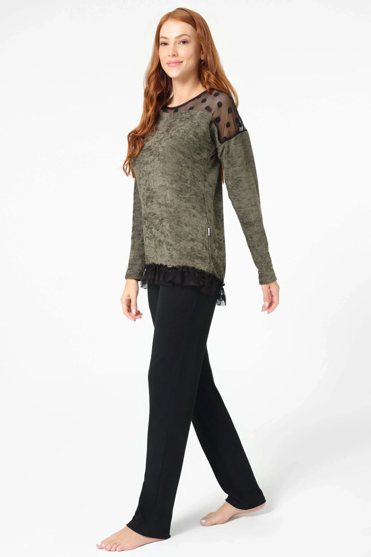 Anıl Anıl 9084 Uzun Kol Bisiklet Yaka Polyester Elastan düz Kışlık Örme Normal Bel Transparan Tül Detaylı Pijama Takımı Pijama Takımları Toptan