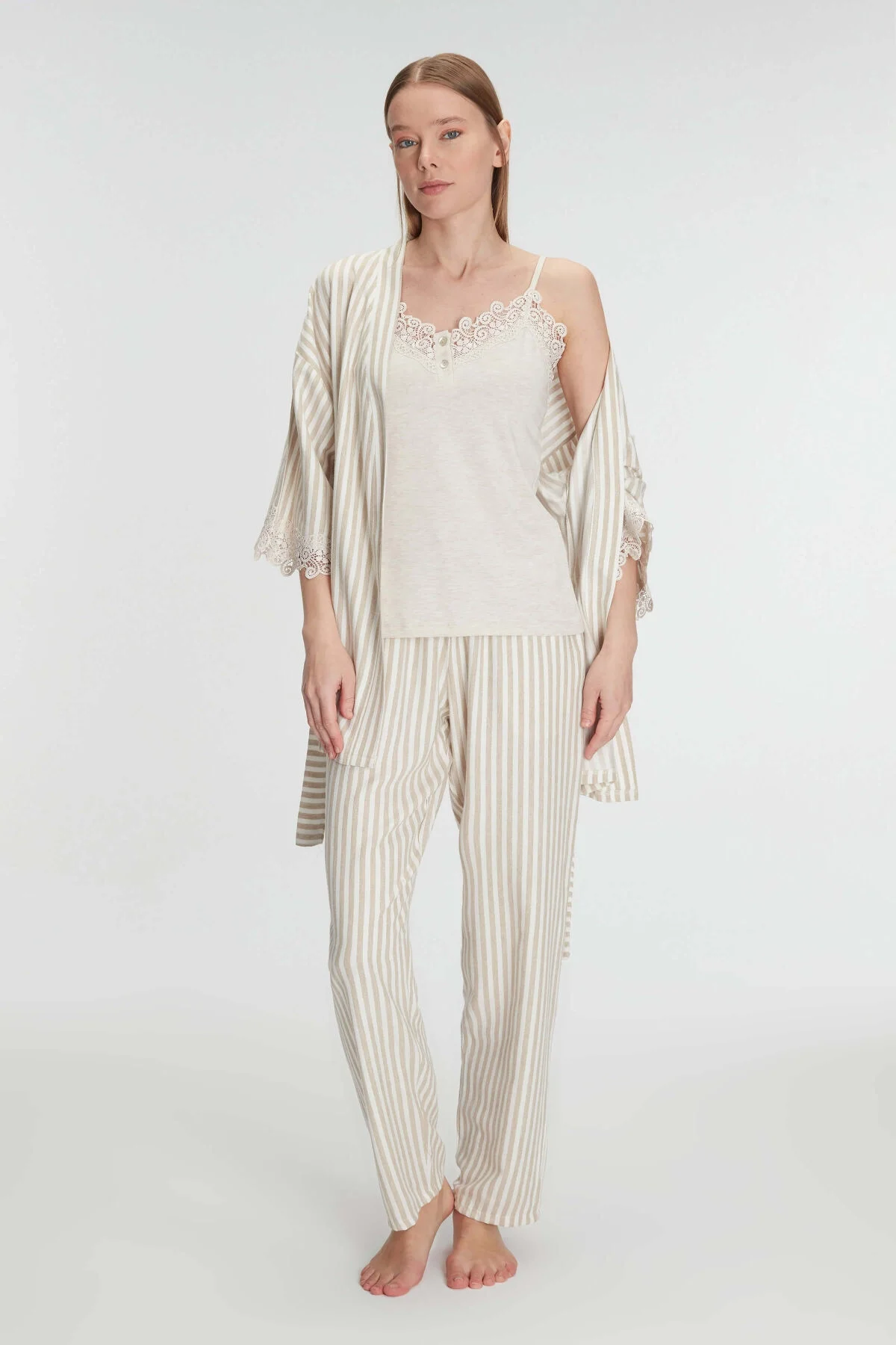 Anıl Anıl Kadın 3’lü Sabahlık, Atlet ve Pantolon Takımı Dantel Detaylı, Gecelik Set 11215 Pijama Takımları Toptan