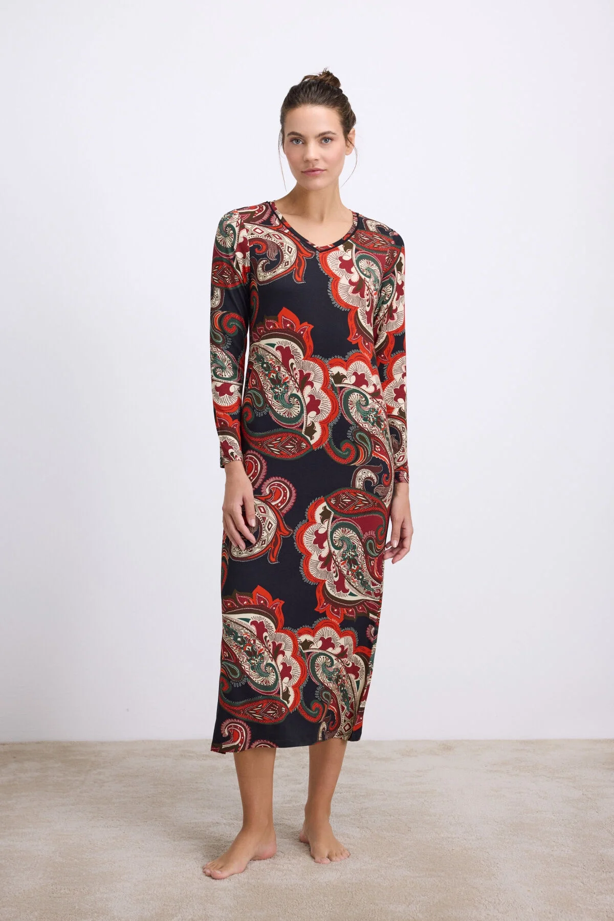 Anıl Anıl Kadın Desenli Uzun Kollu Midi Boy Elbise (11547) Gecelik Sabahlık Takım Toptan