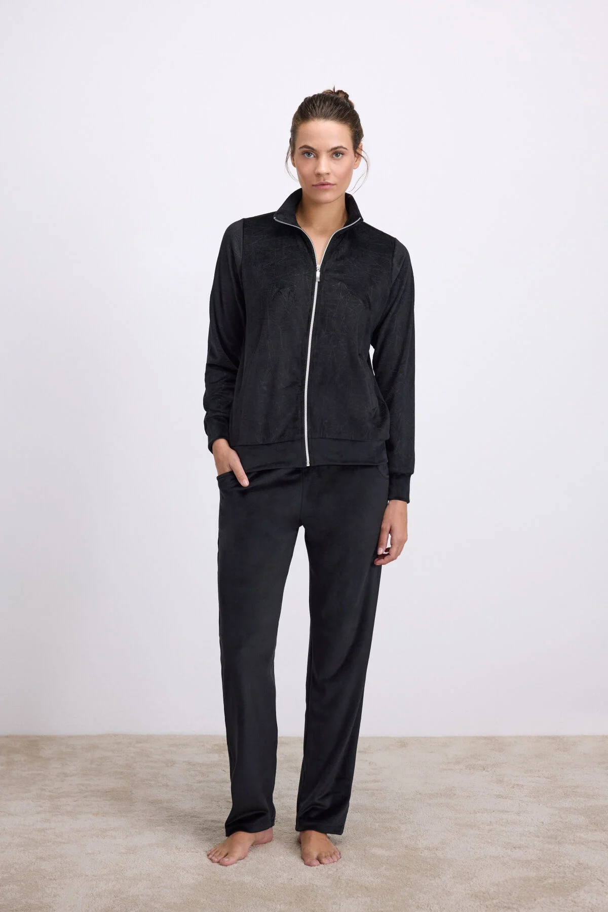 Anıl Anıl Kadın Fermuarlı Uzun Kollu Kadife Eşofman Takımı (11548) Pijama Takımları Toptan