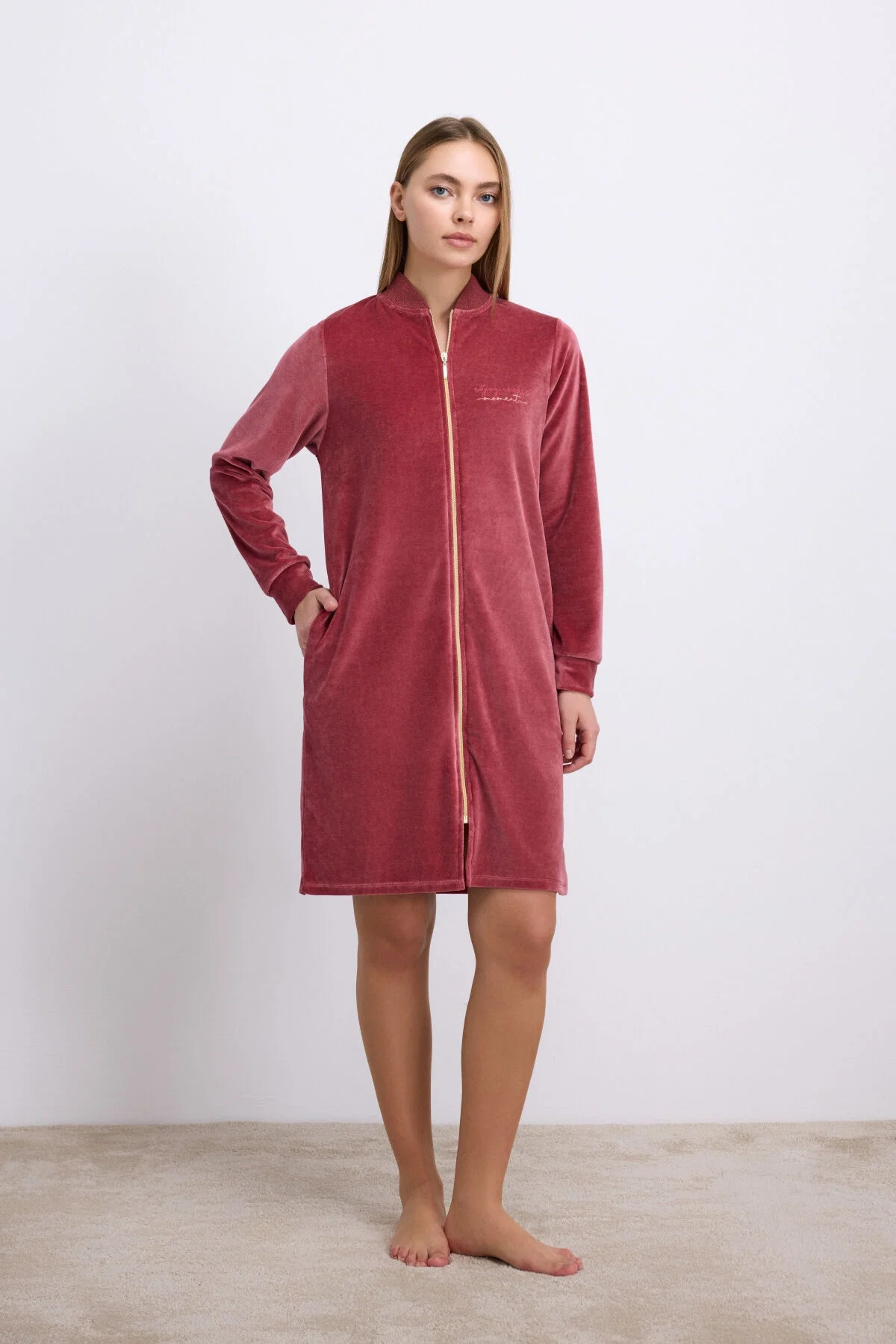 Anıl Kadın Kadife Dokulu Fermuarlı Uzun Kollu Elbise (11561)