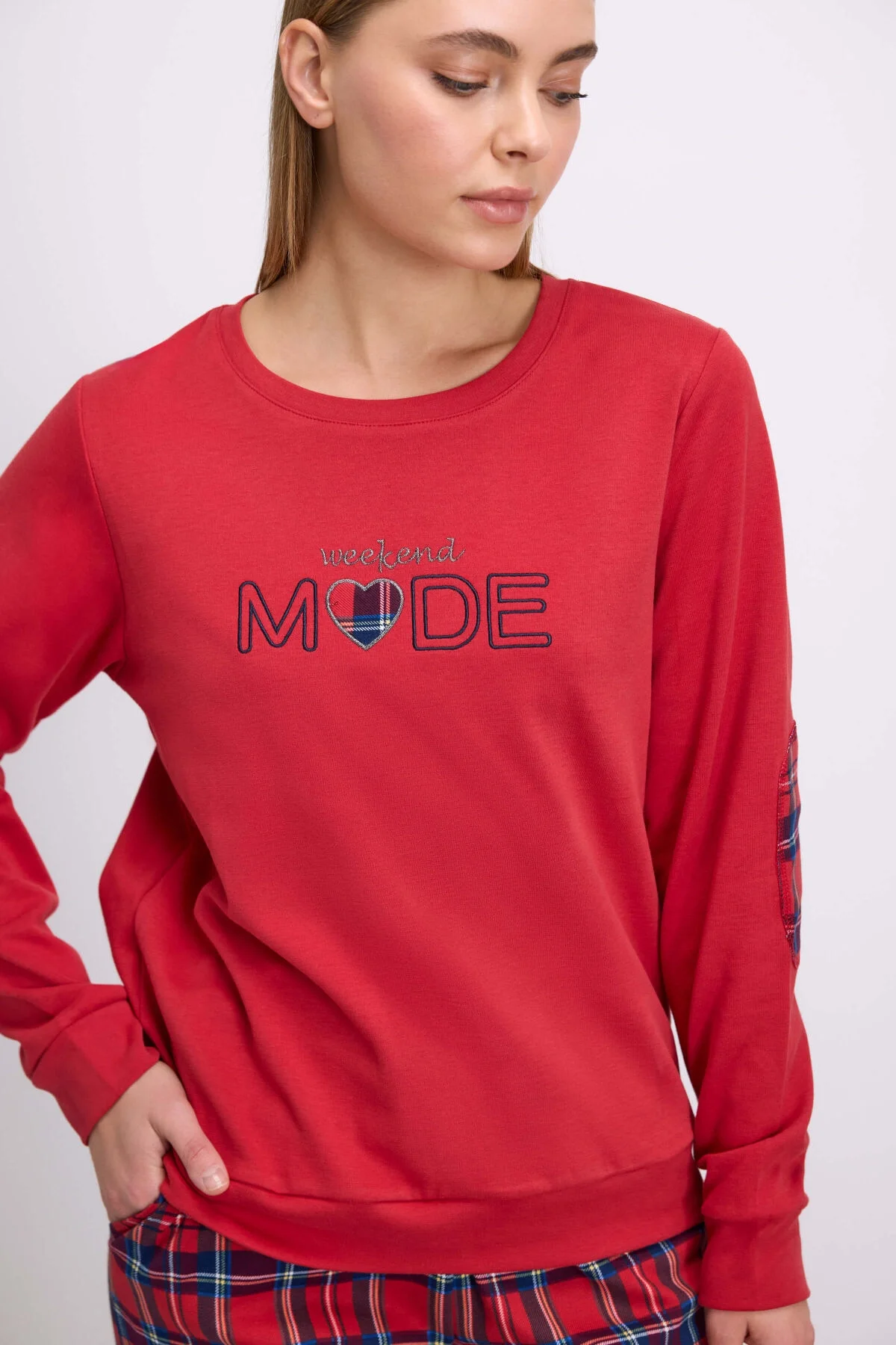 Anıl marka kırmızı uzun kollu pijama takımı, kare desenli pantolon ve sweatshirt, kadın pijama seti 11579