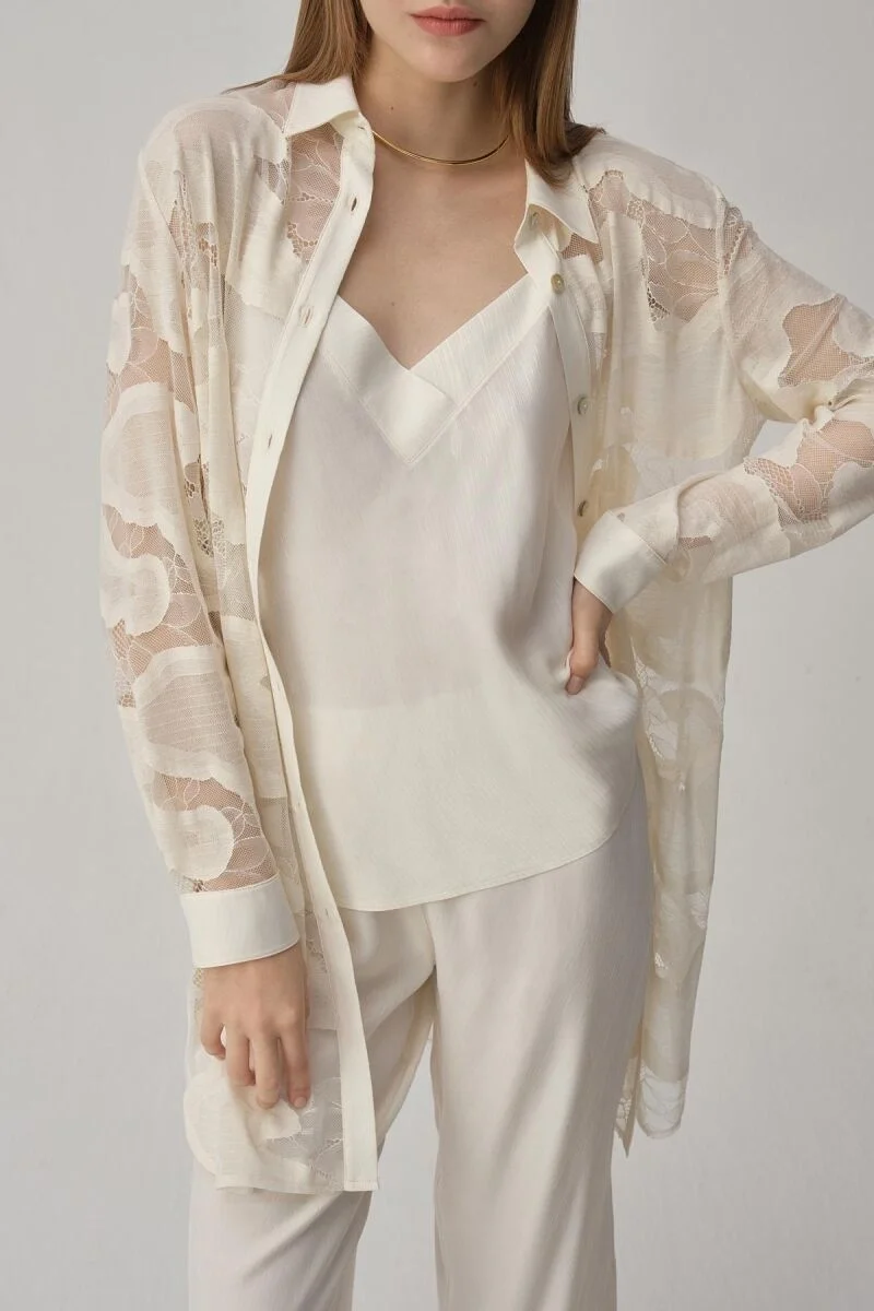 Anna marka kimonolu kadın pijama takımı, ivory renk, şeffaf dantel detaylı, Pierre Cardin markası, rahat günlük giyim