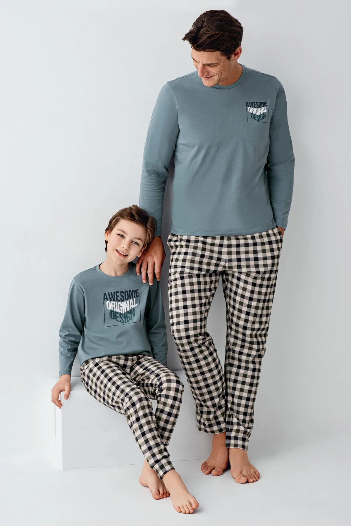 Arnetta Erkek Çocuk Yeşil Pijama Takımı, kare desenli pantolon ve mavi gömlek, çocuk pijama seti