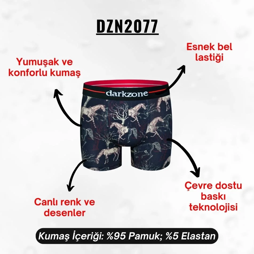 Darkzone marka at desenli erkek boxer, dijital baskı, koyu mavi zemin, kırmızı elastik, erkek iç giyim