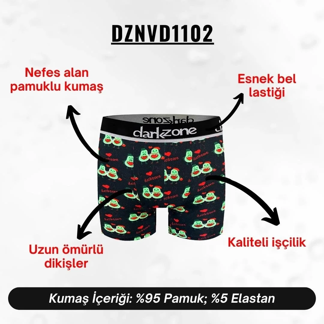 Koyu mavi zeminde avokado ve kalp desenli Darkzone erkek boxer, Sevgililer Günü temalı çift desenli iç giyim ürünü