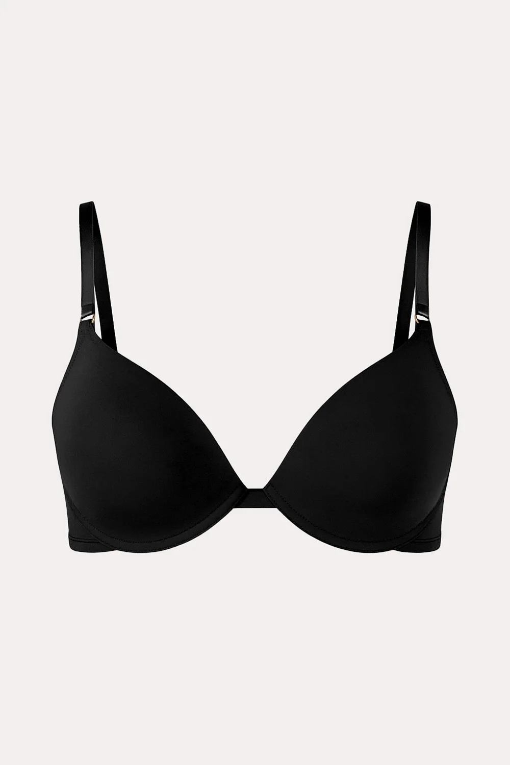 Koyu siyah çıkabilen push up destekli sütyen, kom markası, kadın iç giyim, ön görünüm, ince askılar, ergonomik tasarım