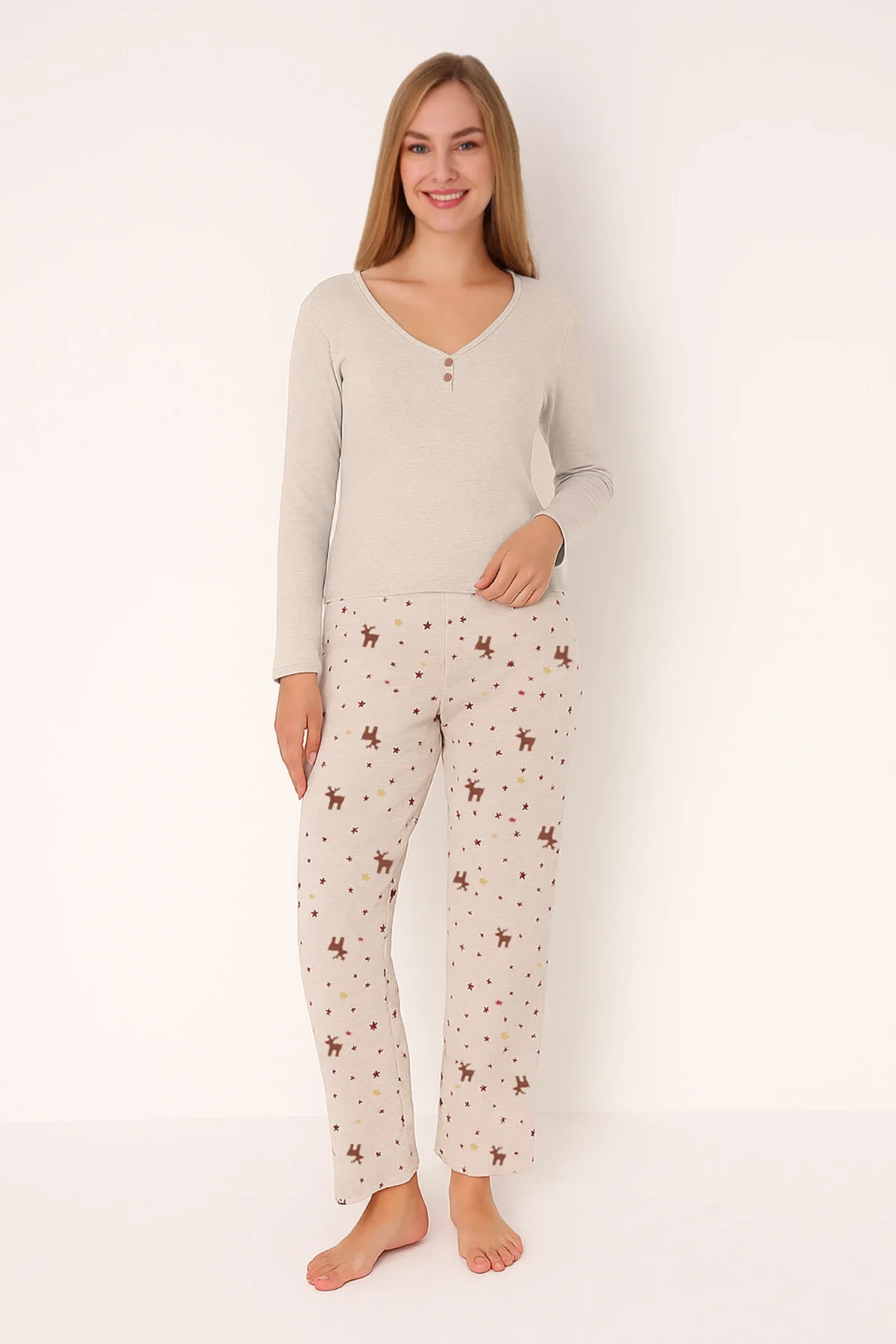 Nbb Bej Deer Patlı Pijama Takım Pijama Takımları Toptan