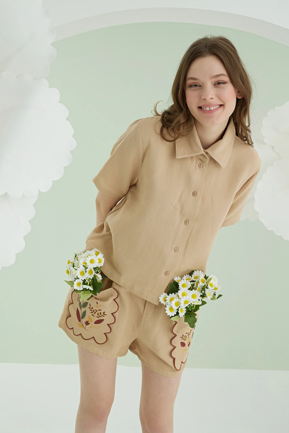 Nbb Bej Nakışlı Müslin Önden Düğmeli Şortlu Takım Şort Takım Toptan