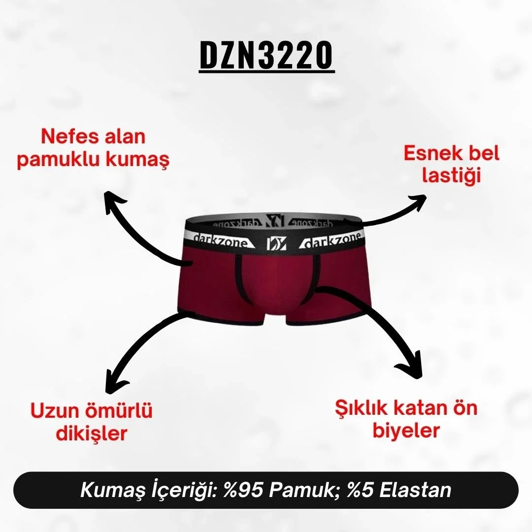 Biyeli bordo erkek boxer, Darkzone marka iç giyim, klasik tasarım, siyah detaylı, ön görünüm, ürün kodu DZN3220
