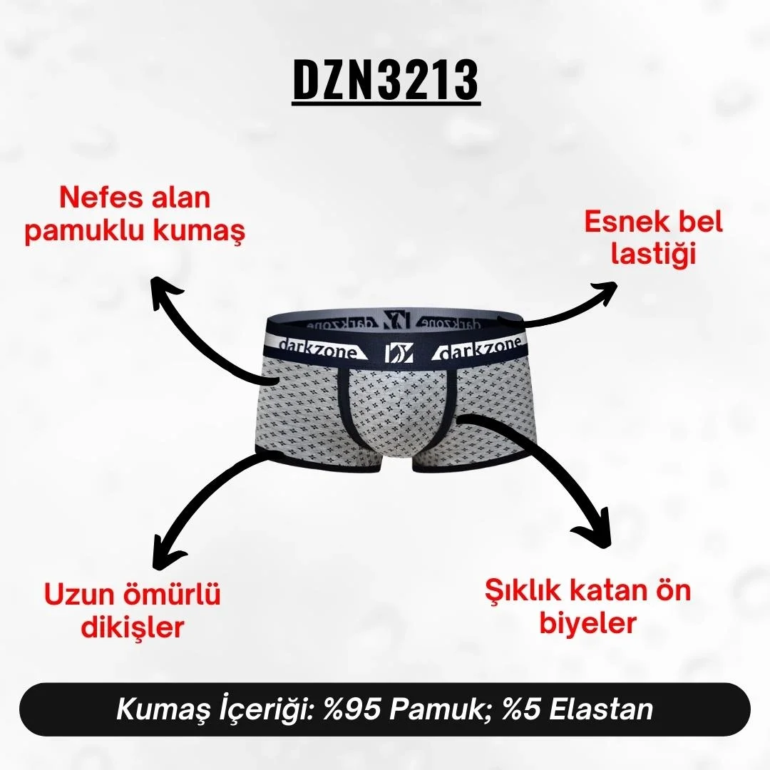 Biyeli desenli gri erkek boxer, Darkzone marka, ön görünüm, siyah detaylı, erkek iç giyim ürünü