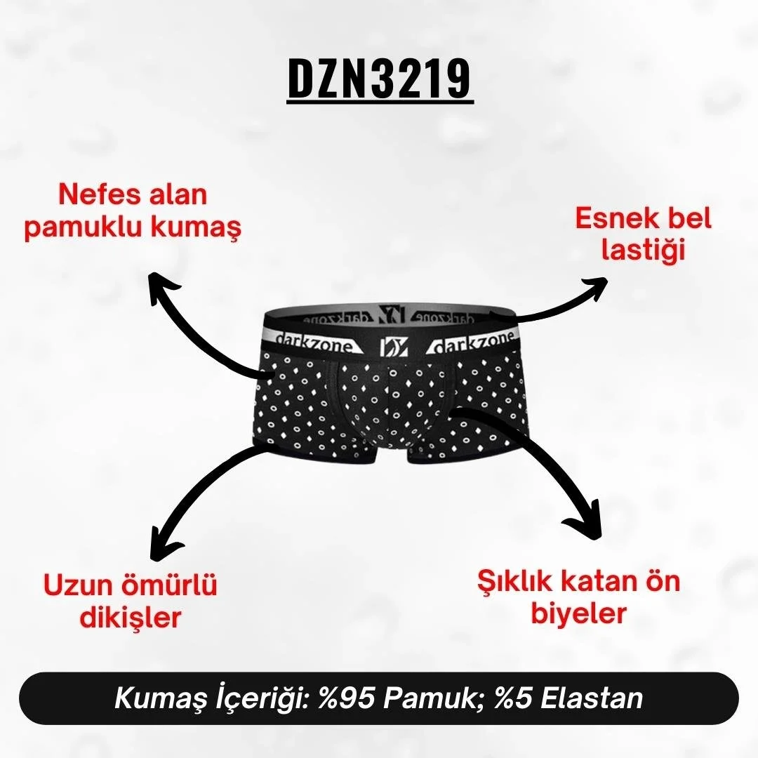 Biyeli geometrik desenli siyah Darkzone erkek boxer, modern klasik tasarım, marka etiketi ve ön görünüm