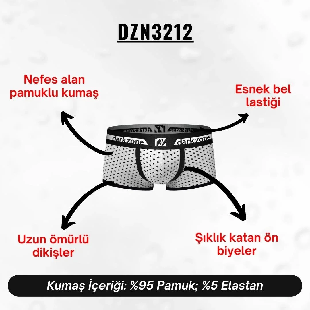 Biyeli puantiye desenli beyaz erkek boxer, Darkzone marka, ön ve yan görünüm, siyah detaylı, erkek iç giyim ürün fotoğrafı