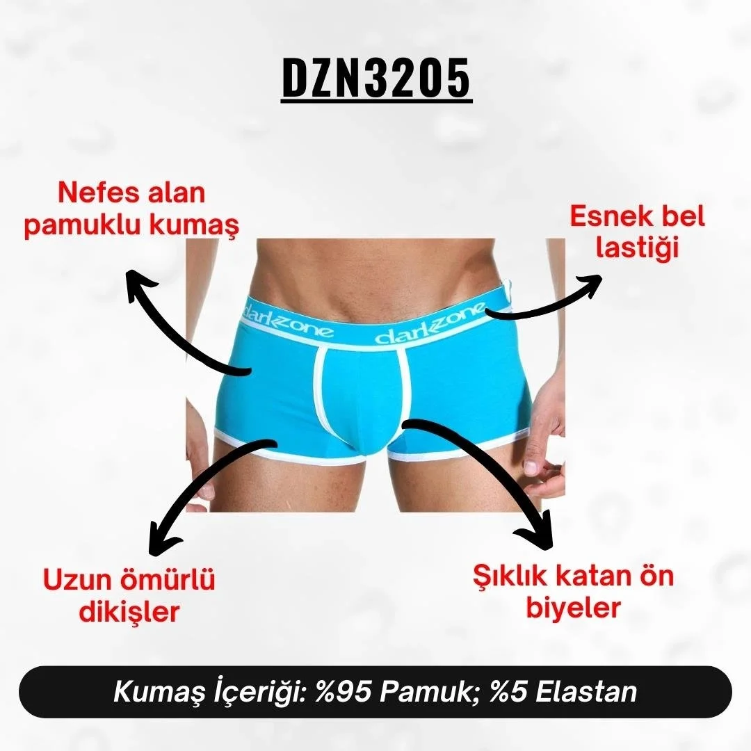 Biyeli turkuaz Darkzone erkek boxer, DZN3205 modeli, beyaz detaylı, gövde ve bel bölgesi ön görünümü
