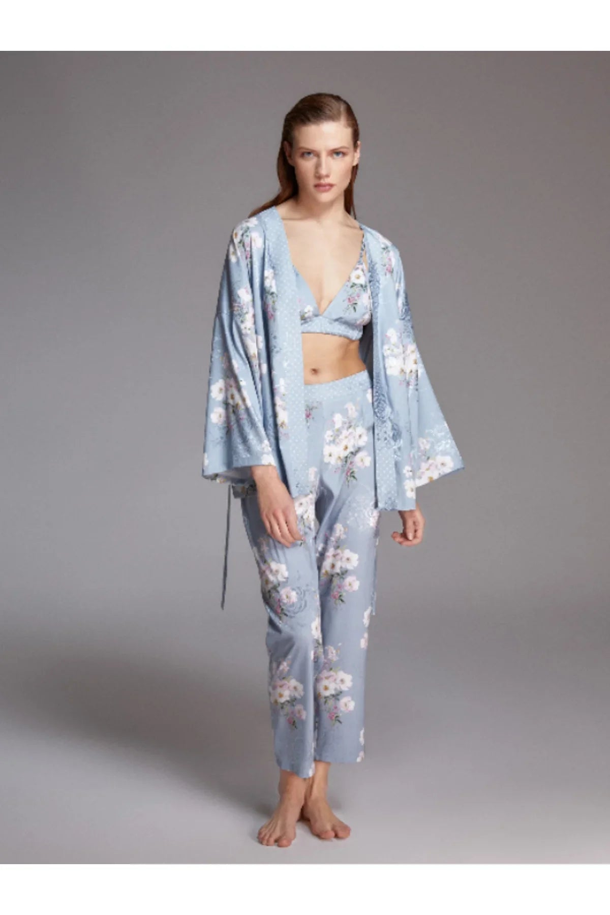 Bjm-1103 Pijama Takım Jakarlı Saten 3'Lü Set