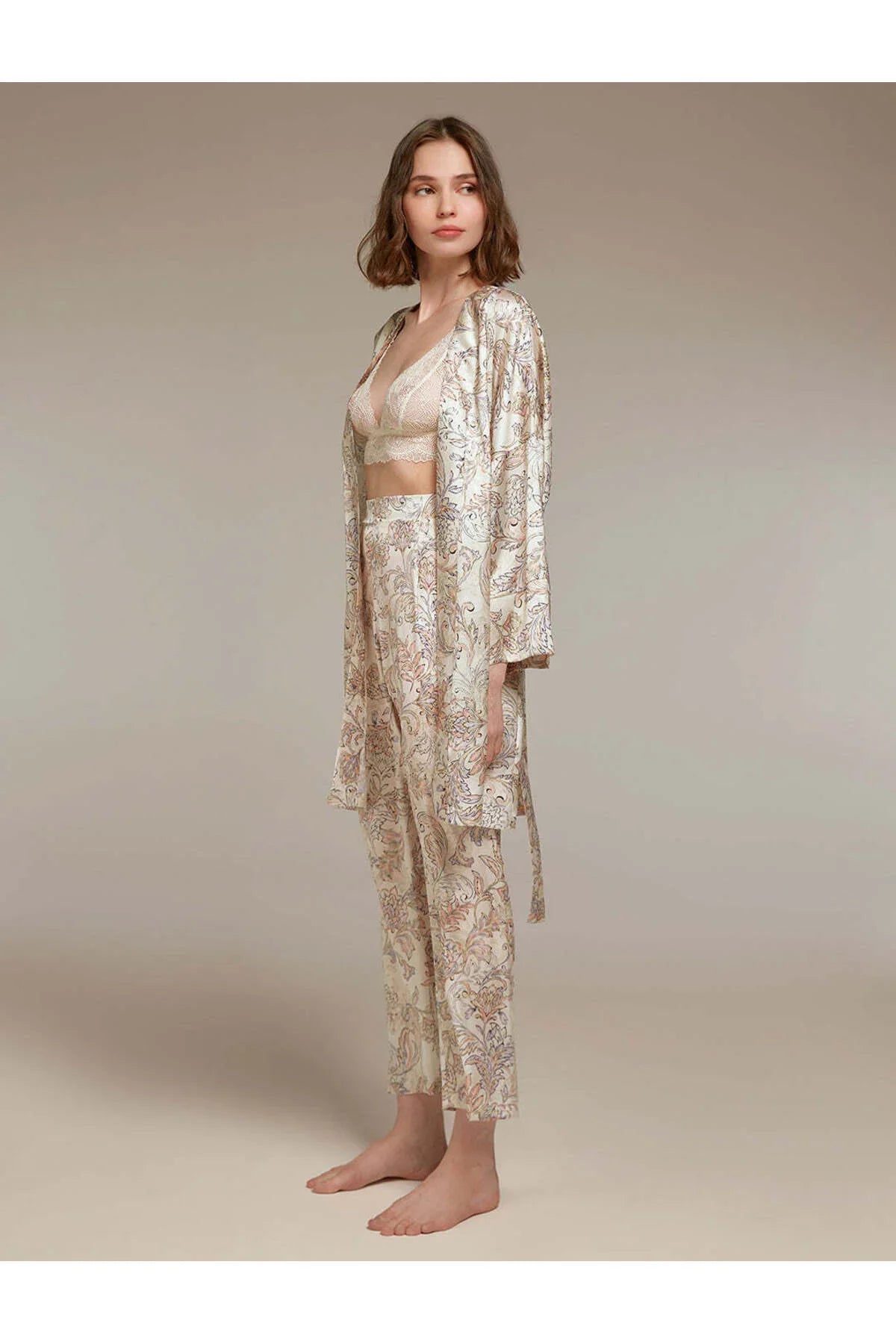 Bjm-1314 Pijama Takım Büstiyer Pantolon Sabahlık İpek Saten