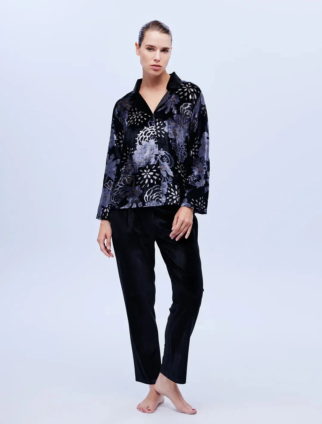 Bjm-1624 Gömlek Pantolon Pijama Takım 2'Li Set Kadife Devore Kumaş