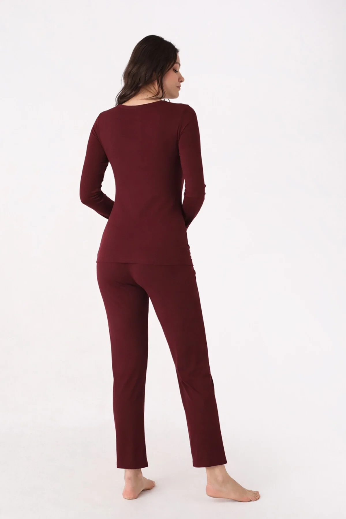 Bordo patlı pijama takımı, Nbb marka kadın pijama, uzun kollu üst ve pantolon, rahat ve sıcak iç giyim