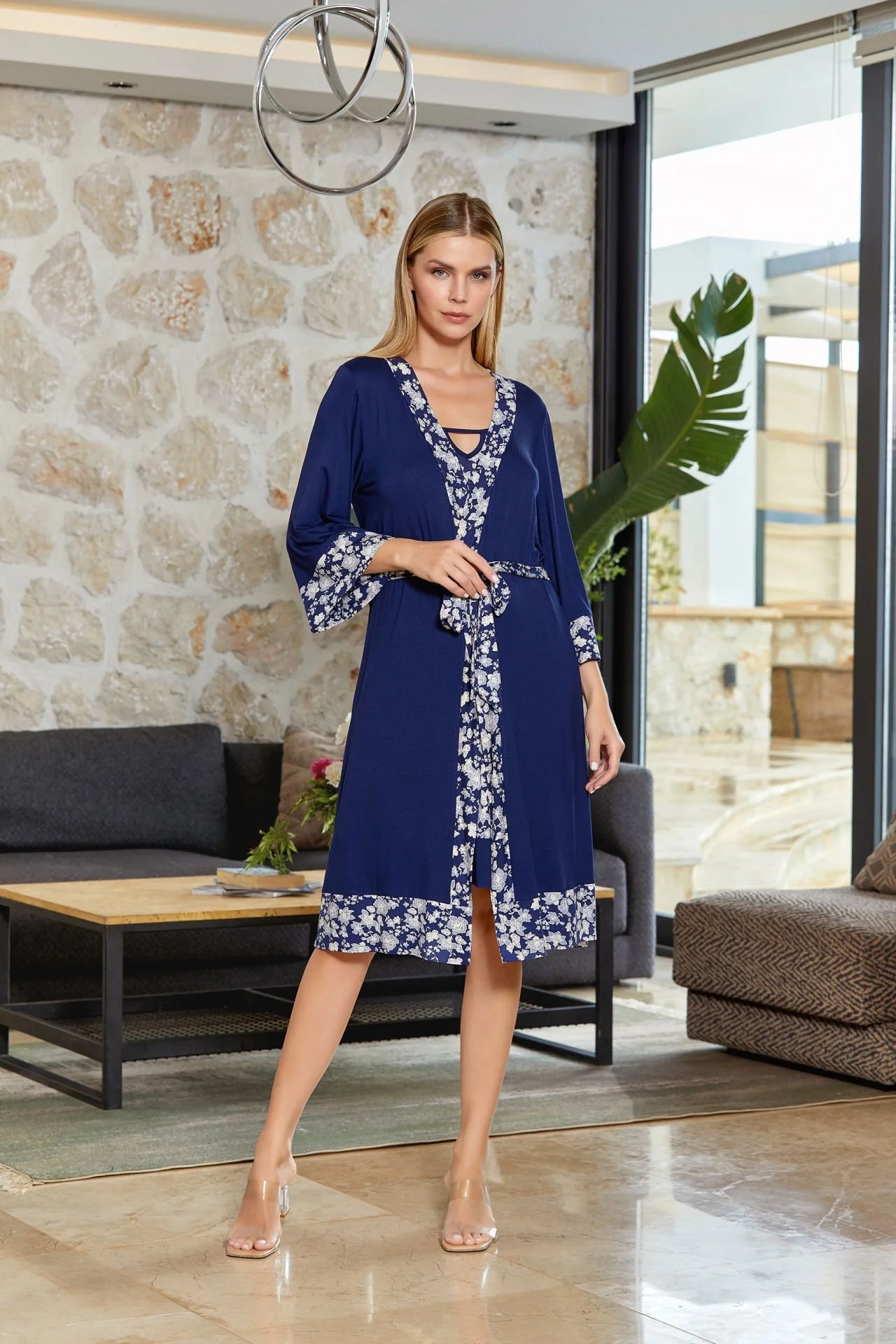 Cossy By Aqua Çiçek Desen Pamuk Penye Gecelik Sabahlık Takım CossybyAqua 24551 Gecelik & Sabahlık Toptan