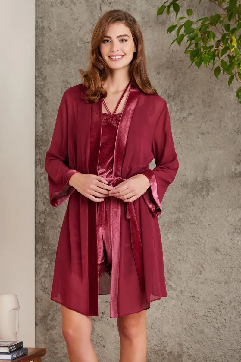 Dantelli Kadife Kadın Sabahlık Tulum Takım - 4800 Bordo