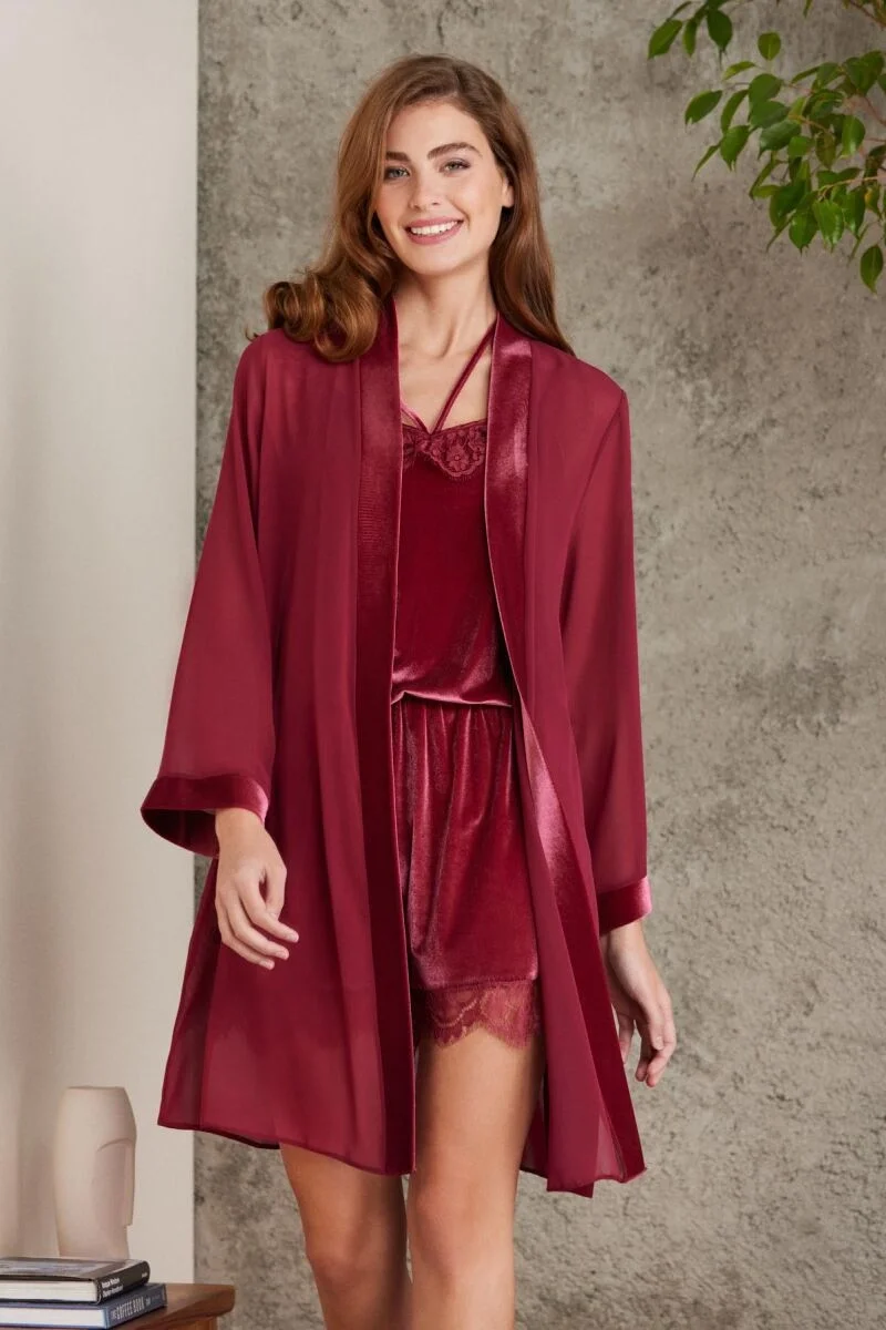 Pierre Cardin Dantelli Kadife Kadın Sabahlık Tulum Takım - 4800 Bordo Pijama Takımları Toptan