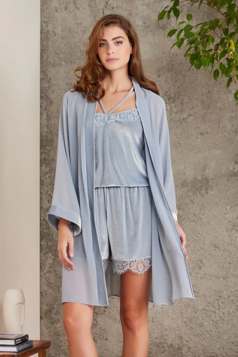 Mist renkli dantelli kadife kadın sabahlık tulum takım, Pierre Cardin markası, pijama takımı, şık ve rahat iç giyim